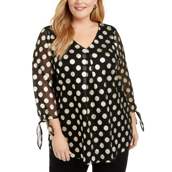 Alfani Plus Women's Metallic-Dot Sheer-Sleeve Top, Gld Lurex Dot, 0X