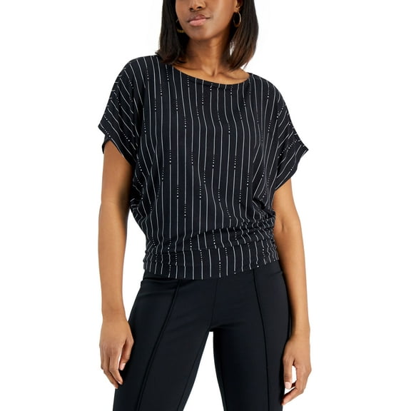 Alfani Printed Banded Hem Boat Neck Top Interrupted Stripe Deep Black 2XL