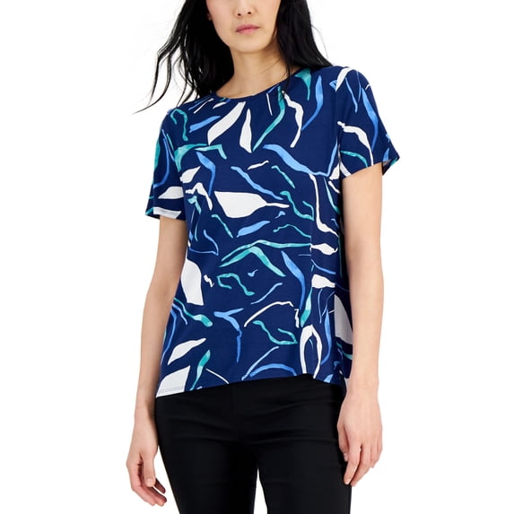 Alfani Printed Crewneck T-Shirt Soft Linear Breeze Navy M