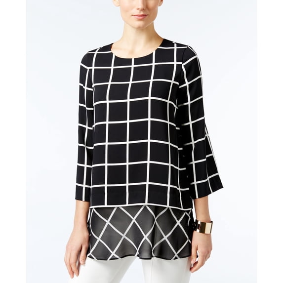 Alfani Printed Layered Look Mixed Media Tunic Grid Black 8