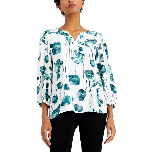 Alfani Printed Puff Sleeve Top Calla Lily Cream Peony M