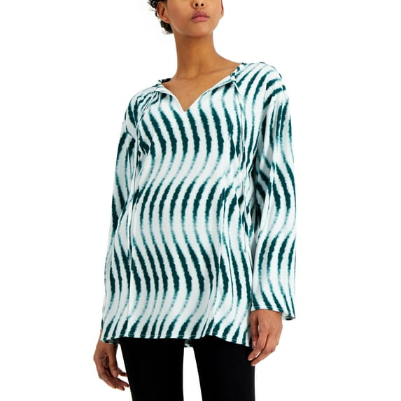 Alfani Printed Split Neck Tunic Green Warm Wave M