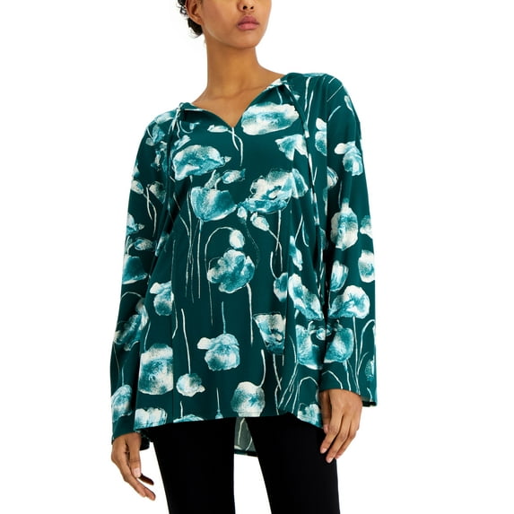 Alfani Printed Split Neck Tunic Rain Forest Floral 2XL