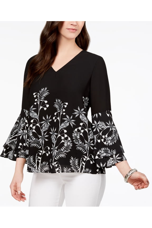 Printed V Neck Poet Sleeve Top Black White Ferns 6