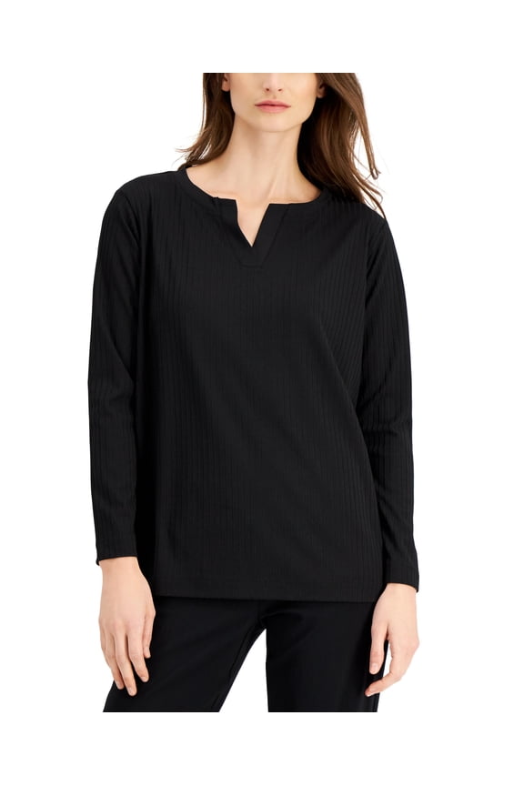 Ribbed Split Neck Top Deep Black M