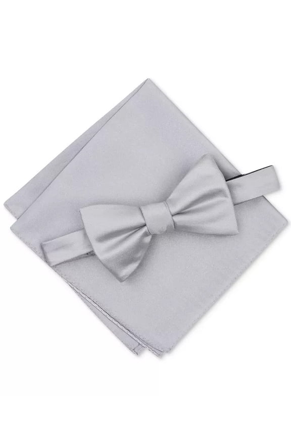 SILVER Men's Solid Texture Pocket Square and Bowtie, US One Size