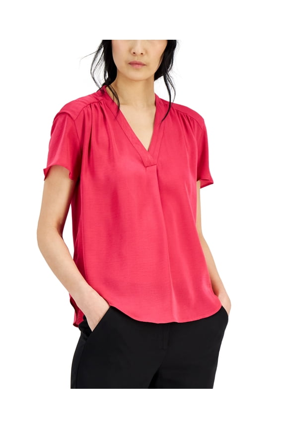 Shirred V Neck Dolman Sleeve Top Pink M