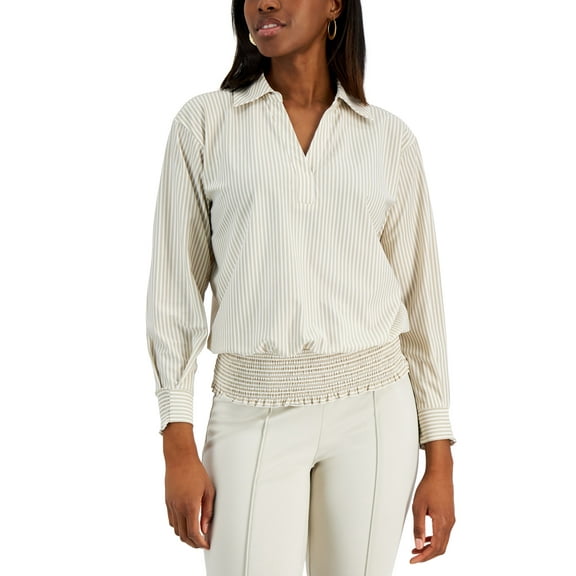 Alfani Striped Banded Hem Top Fresh Almond M