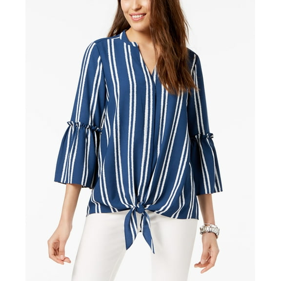 Alfani Striped Tie Front Blouse Indigo Stripe XL