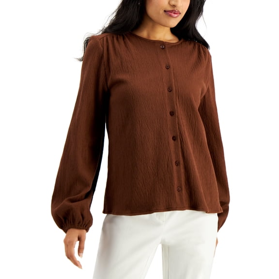 Alfani Textured Balloon-Sleeve Button-Front Top Dark Cocoa 2XL