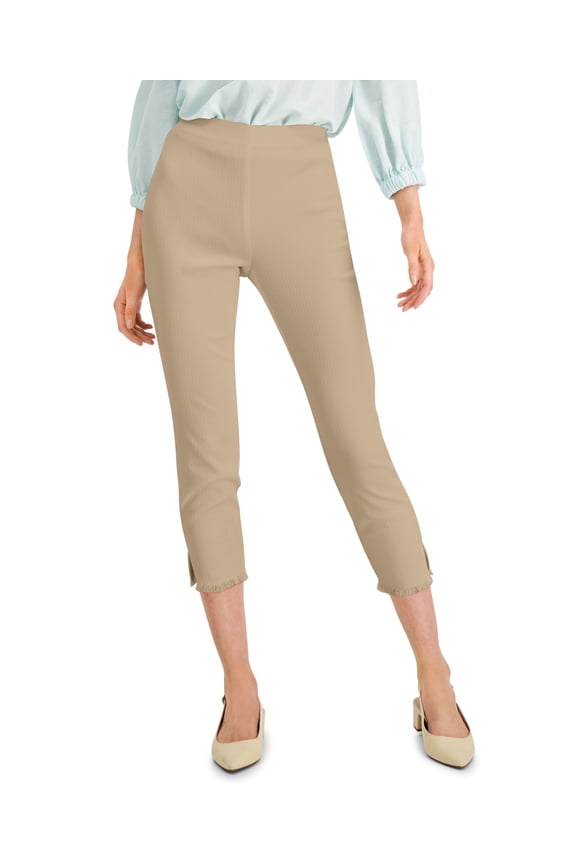 Textured Fringed Hem Ankle Pants Cream Beige 14