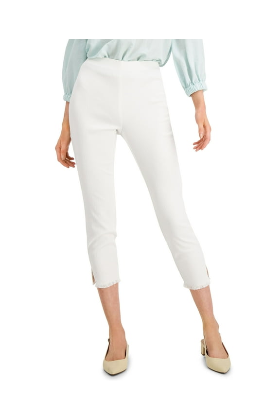 Textured Fringed Hem Ankle Pants Soft White 6