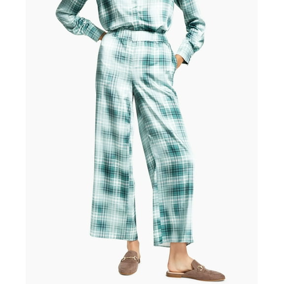 Alfani Wide Leg Plaid Satin Pants Green Dyed Plaid M