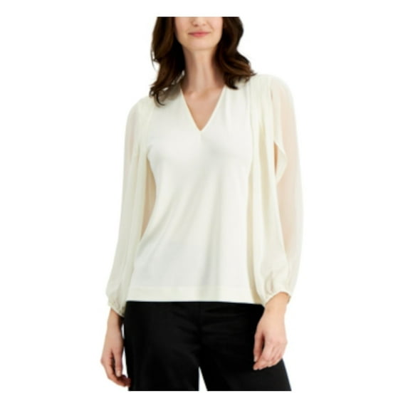 Alfani Women's Blouse Chiffon Split Sleeve V neck White Ivory XL