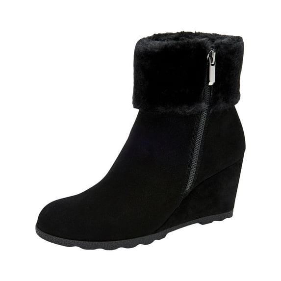 Alfani Women's Faux Fur Cuff Cushioned Wedge Zip up Leather Booties Black Size 6.5 M