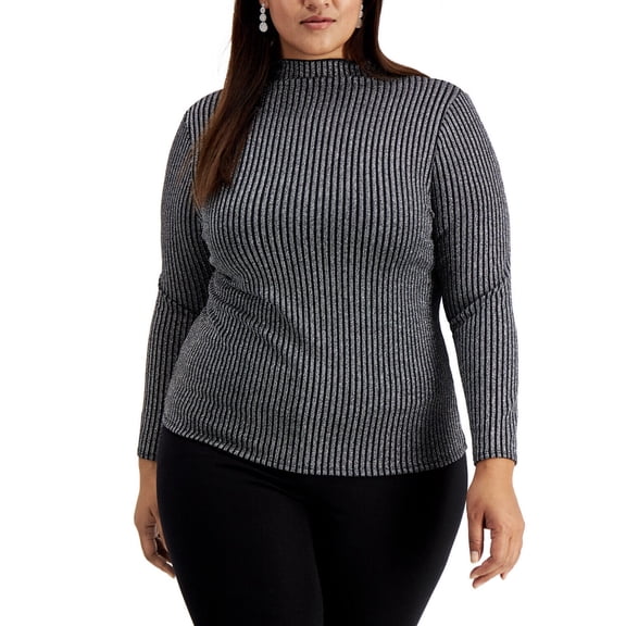 Alfani Women's Metallic Striped Turtleneck Top Gunmetal Blouse Long Sleeve (Plus,0X)