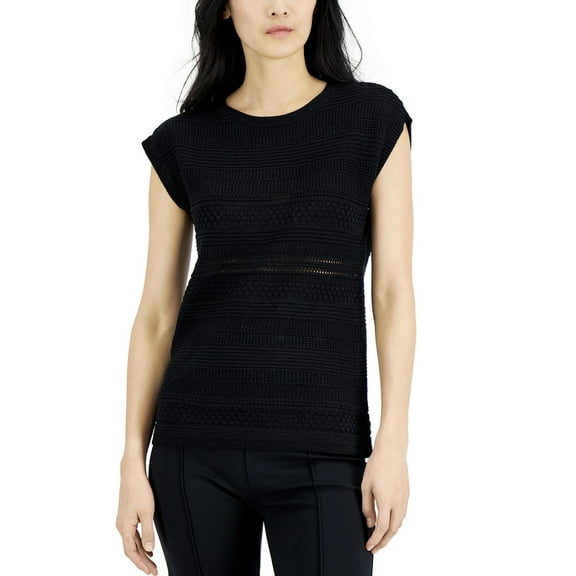 Alfani Women's Mixed-Stitch Cap-Sleeve Sweater Deep Black Size L