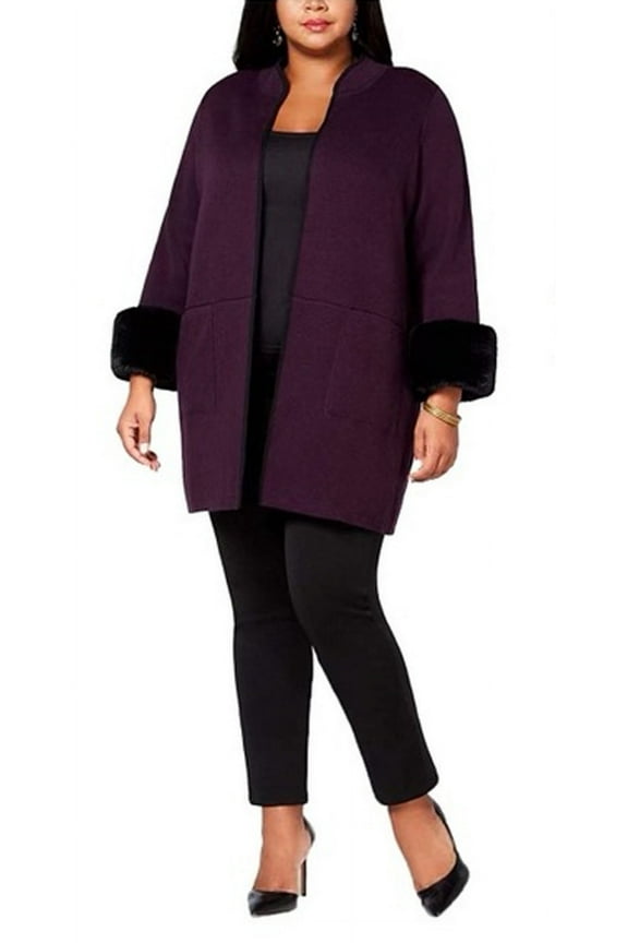 Women's Plus Open Front Fur Cuff Cardigan Sweater- Purple/Black -(1X)