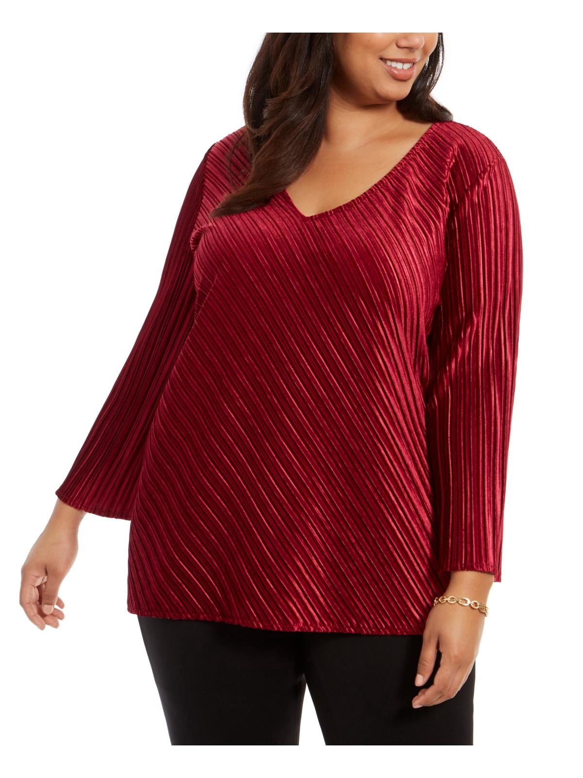 Plus Size Ribbed V-Neck Long Sleeve Blouse