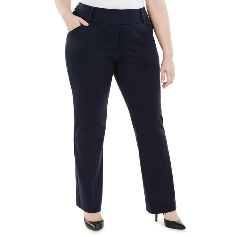 Alfani Women's Plus Size Tummy Control Faux Leather Trim Trousers Blue Size  22W 