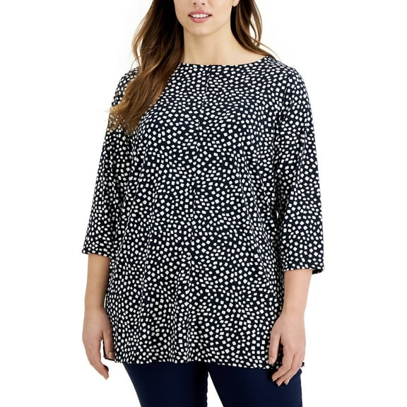 Alfani Women's Printed 3/4-Sleeve Top Contour Square Navy Plus Size 1X