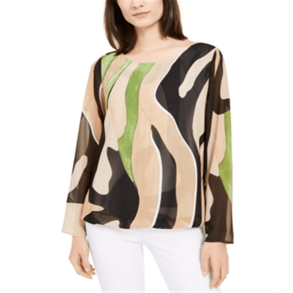 Alfani Women's Printed Angel Sleeve Top Brown Multi Size Petite L