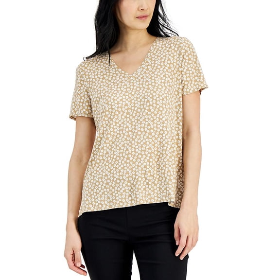 Alfani Womens Printed V Neck T-Shirt Ditzy Floral Water Camel XL