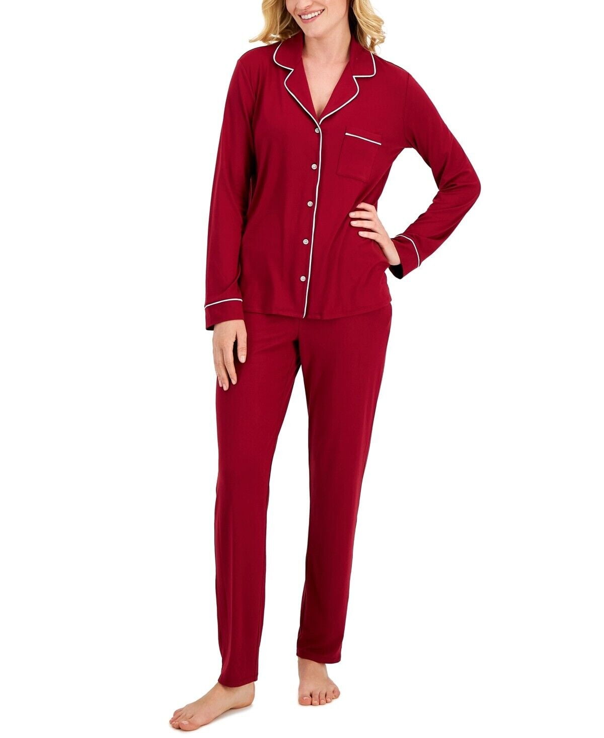 Alfani Women's Ultra-Soft Printed Notch Top Pajama Set Beet Red Large ...