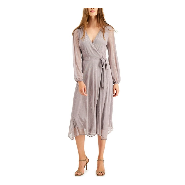Alfani Women's Wrap Dress Embellished Mesh Metallic Gray XL 