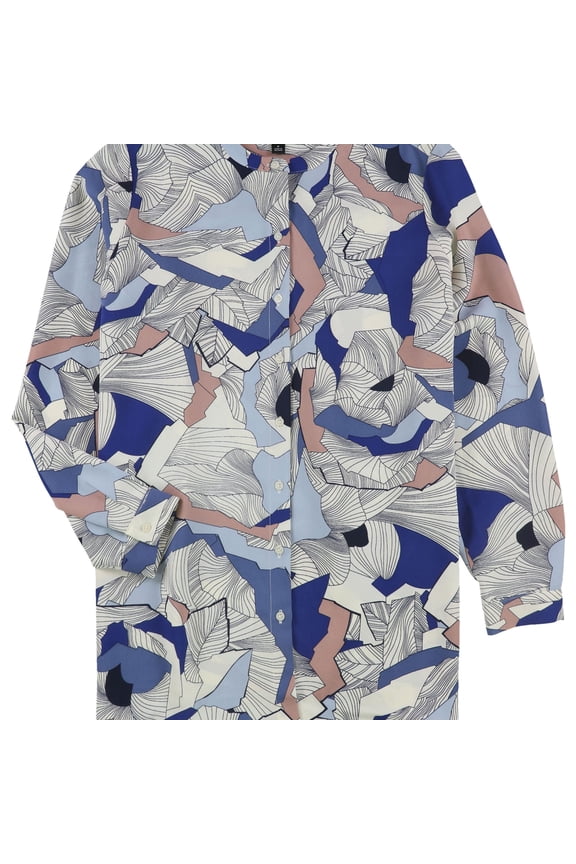 Womens Abstract Button Up Shirt, Blue, Medium