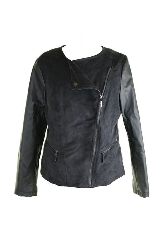 Womens Black Mixed-Media Moto Jacket S
