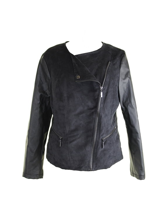 Womens Black Mixed-Media Moto Jacket S