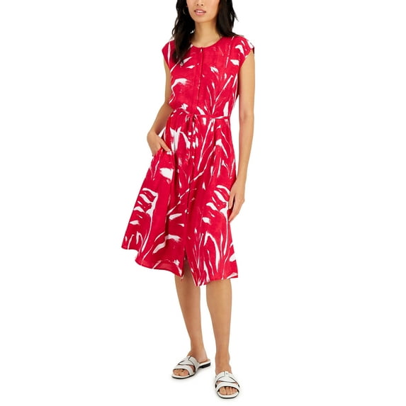 Alfani Womens Cap Sleeve Shirtdress Fade Palm Berry Haze L