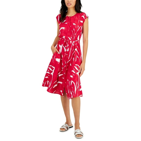 Alfani Womens Cap Sleeve Shirtdress Fade Palm Berry Haze XL