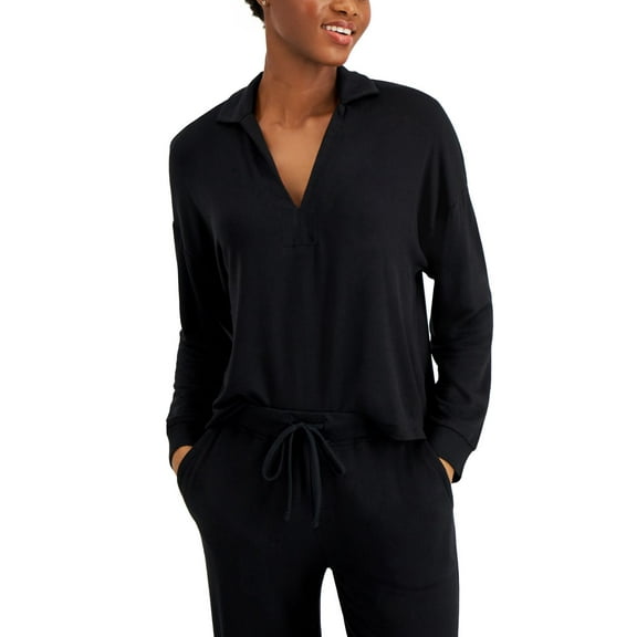 Alfani Womens Collared French Terry V-Neck Sleep Top Classic Black Size X-Large