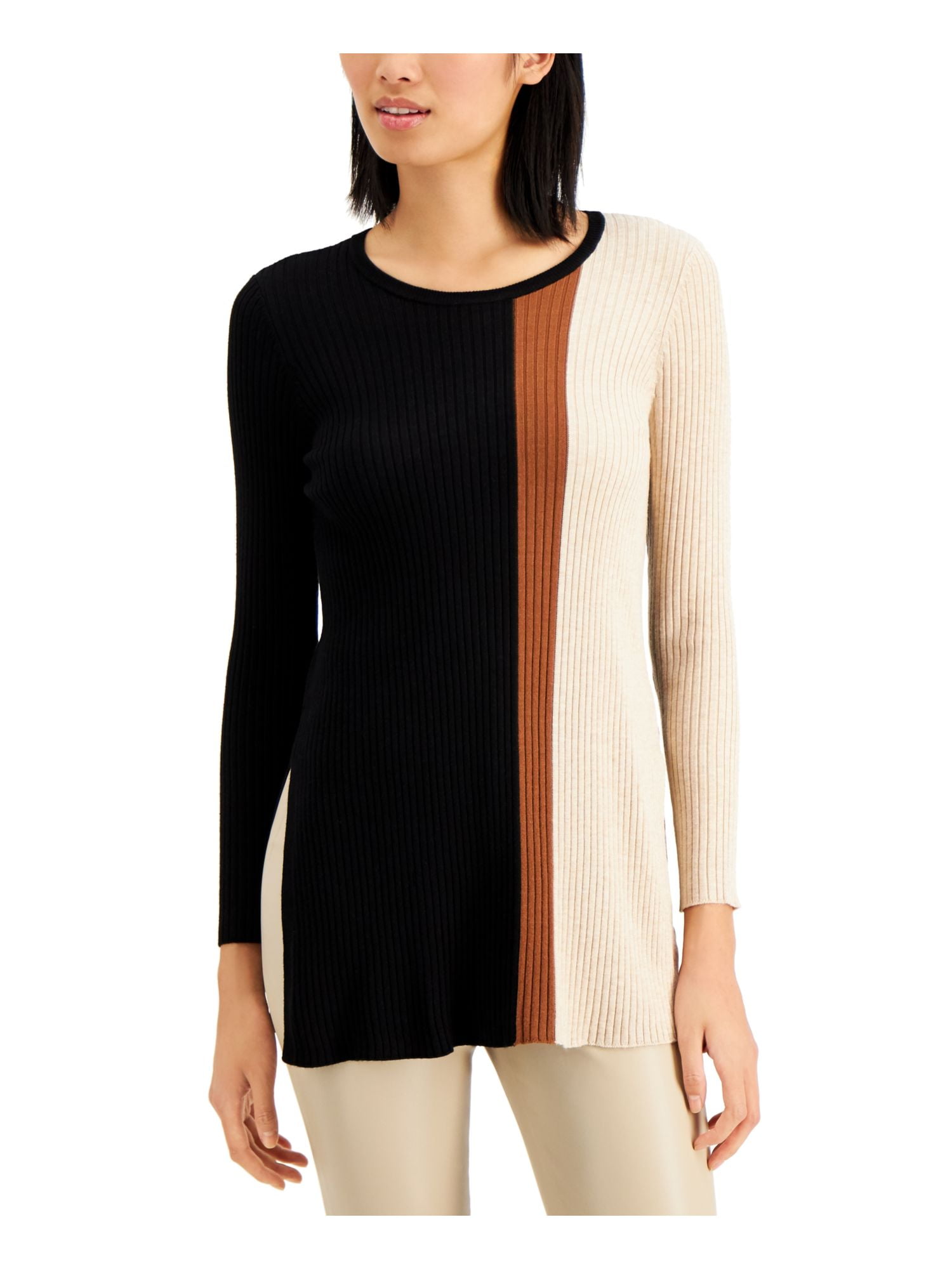 ALFANI Womens Black Color Block Long Sleeve Jewel Neck Tunic