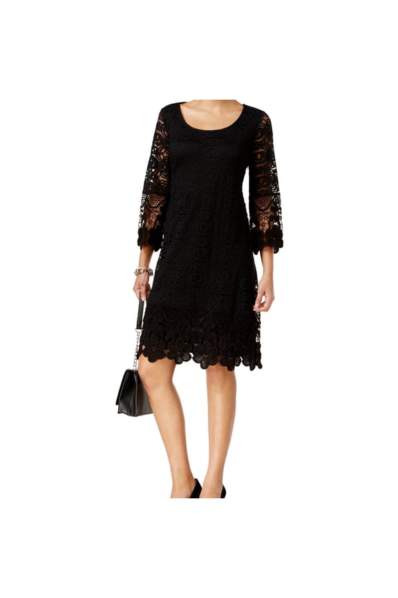 Womens Crochet-Trim A-line Dress, Black, Small