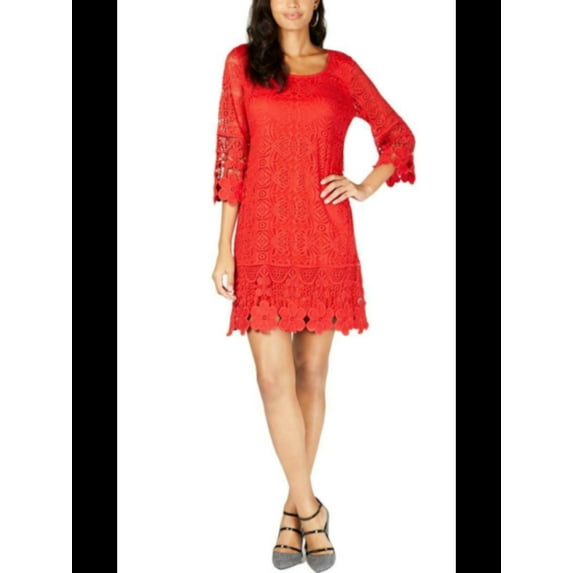 Alfani Womens Crochet-Trim A-line Dress, Red, Medium
