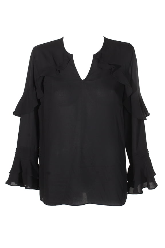 Womens Deep Black V-Neck Ruffle-Raglan Sleeve Blouse 6