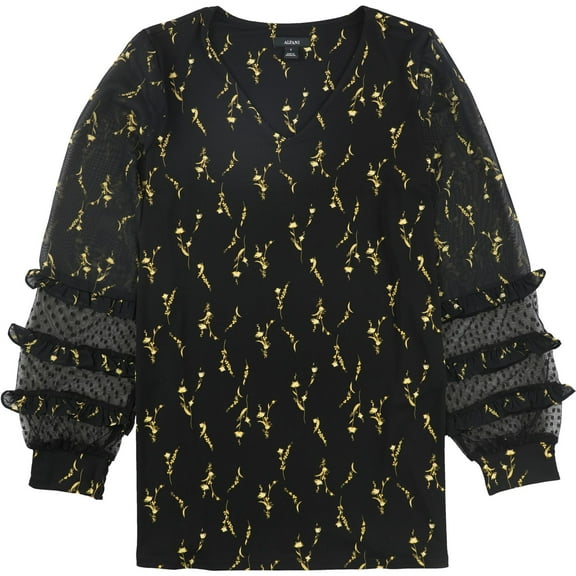 Alfani Womens Delicate Stems Pullover Blouse, Yellow, Small