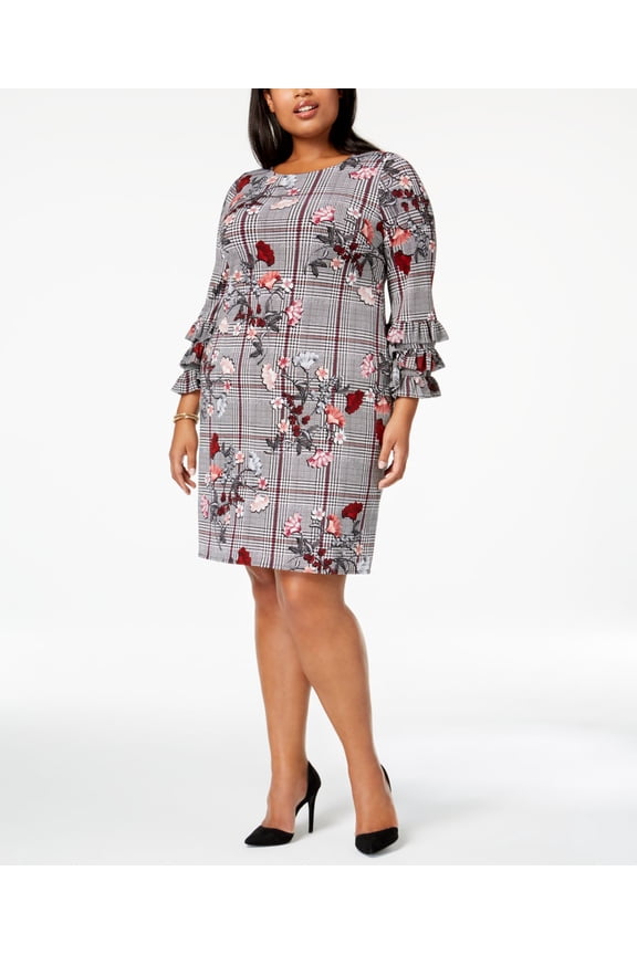 Alfani Womens Dress Plus Sheath Glen Plaid Floral Print Black 18W