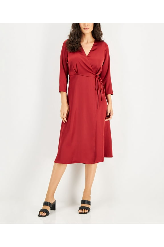Womens Elbow Sleeve Satin Surplice Dress Red Burgundy 4