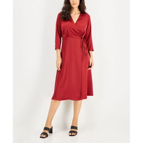 Alfani Womens Elbow Sleeve Satin Surplice Dress Red Burgundy 6