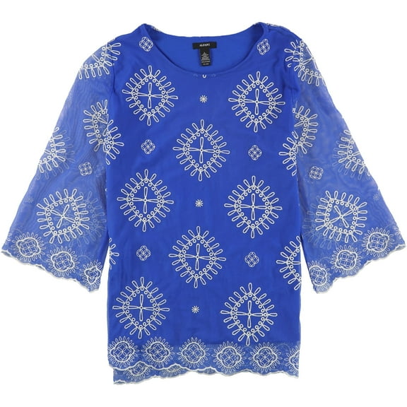 Alfani Womens Embroidered Pullover Blouse, Blue, Large