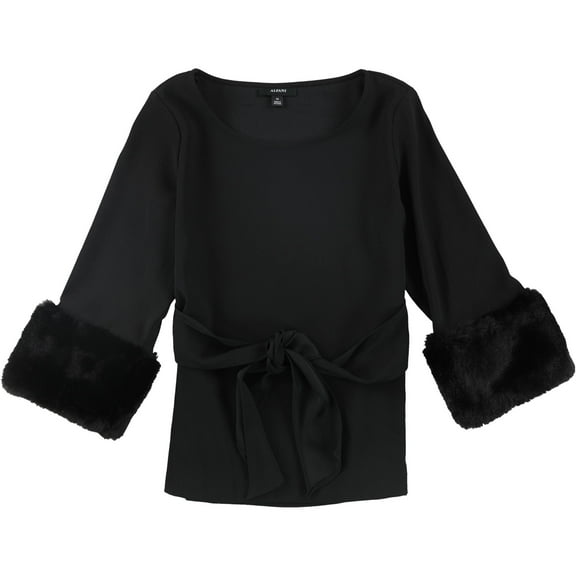 Alfani Womens Faux-Fur Cuff Pullover Blouse, Black, Petite, PS