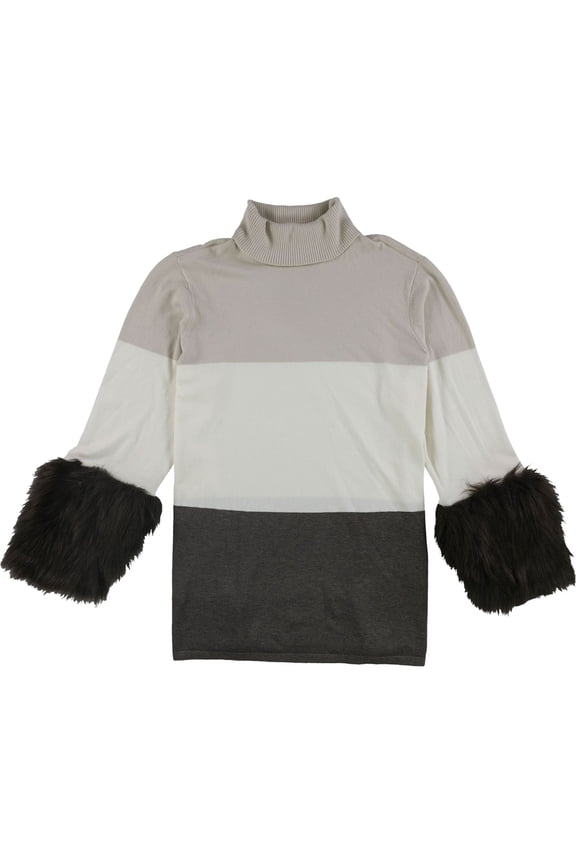 Womens Faux-Fur Cuff Pullover Sweater, Beige, Plus Size, 3X