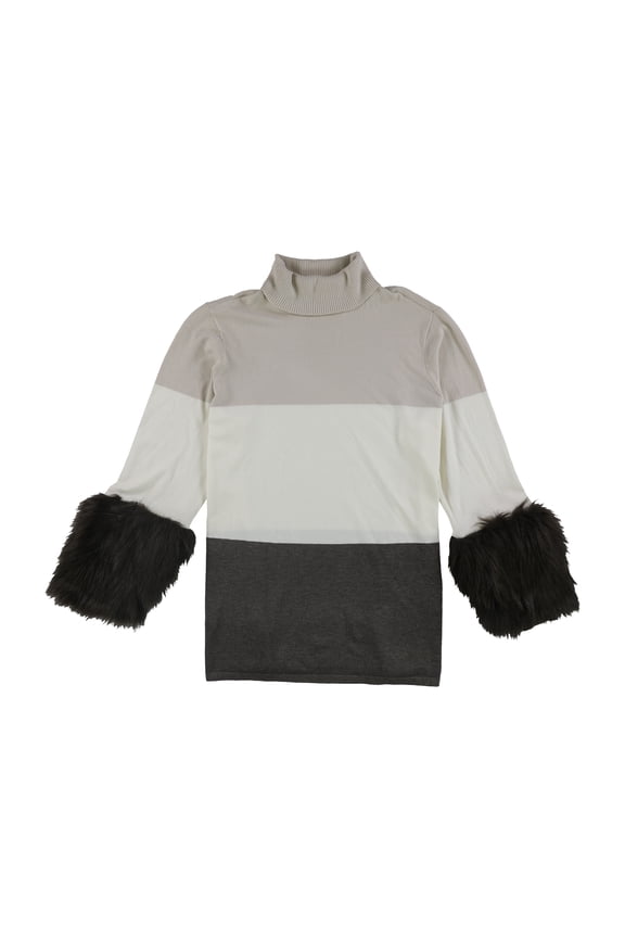 Womens Faux Fur Cuff Pullover Sweater, Beige, X-Large