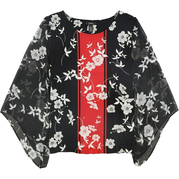 Alfani Womens Floral Bell Sleeve Pullover Blouse, Black, Small