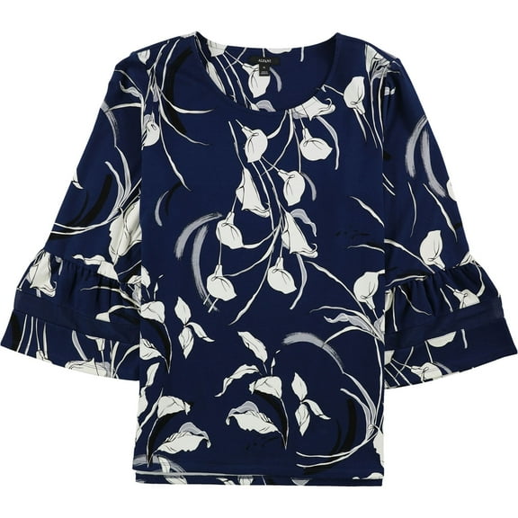 Alfani Womens Floral Print Ruffled Blouse, Blue, Small