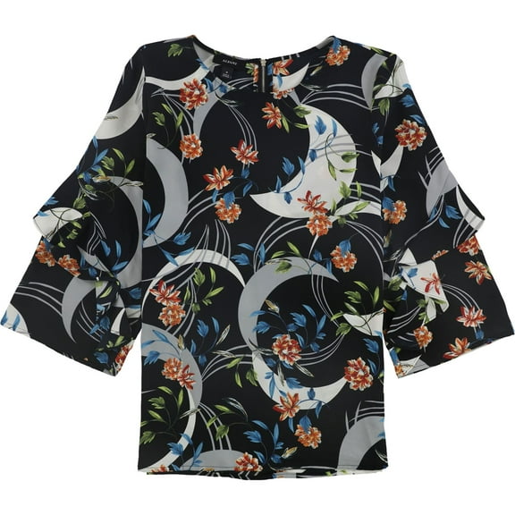 Alfani Womens Floral Ruffle Sleeve Pullover Blouse, Black, Large